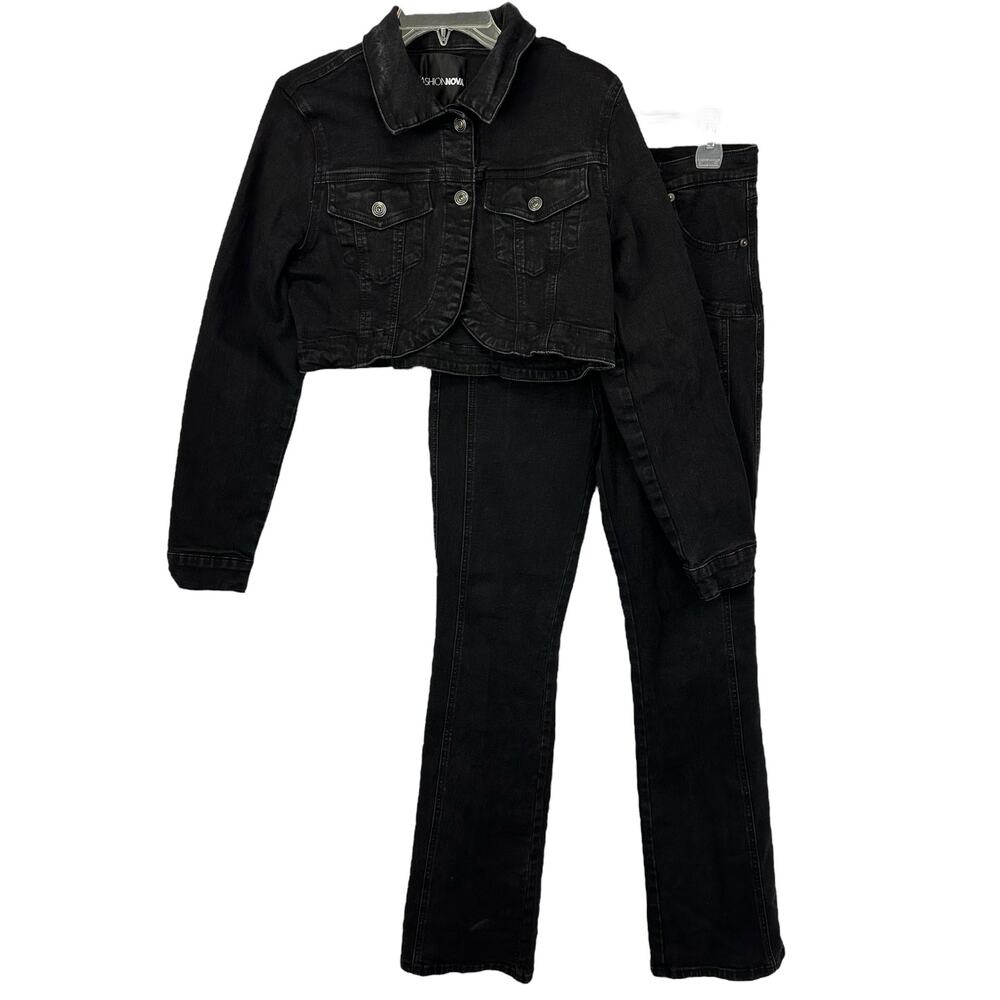 Fashion Nova Black Denim Jacket and Pants Set